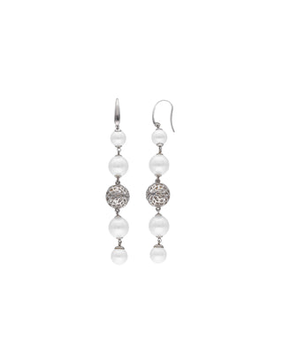 Sterling Silver Rhodium Plated Earrings for Women with Organic Simulated Pearls, 8-10mm Round Cutout Silver Ball Pearls, Eternal Collection