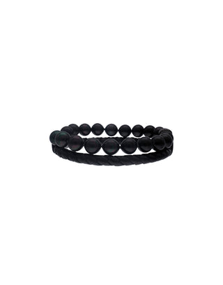 Sterling Silver Stainless Steel Bracelet for Men with Organic Simulated Pearls, 8mm Round Black Pearls with Black Leather Cord, Size 21, Sailor Collection