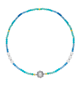 Sterling Silver Rhodium Plated Necklace with Sea Ombré Stones for Women, 6mm Round White Pearls, 40cm Length, Color Pop Collection