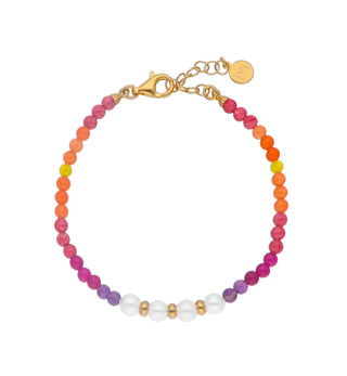 Sterling Silver Gold Plated Anklet/Bracelet with Sunset Ombré Stones for Women, 6mm Round White Pearls, 17cm Length, Color Pop Collection