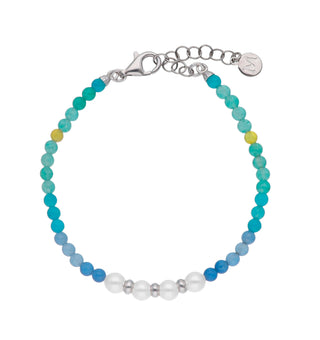 Sterling Silver Rhodium-Plated Anklet/Bracelet with Sea Ombré Stones for Women, 6mm Round White Pearls, 17cm Length, Color Pop Collection