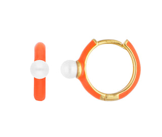 Sterling Silver Gold-Plated Mini Hoop Earrings with Orange Enamel for Women, 4mm Round White Pearls, Color Pop Collection