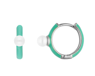 Sterling Silver Rhodium-Plated Mini Hoop Earrings with Turquoise Enamel for Women, 4mm Round White Pearls, Color Pop Collection