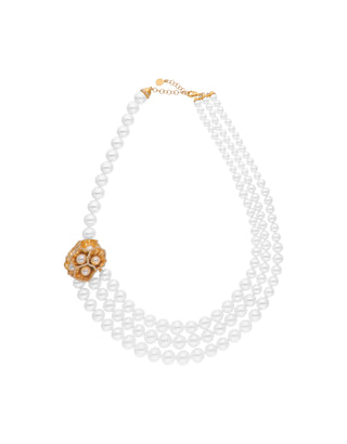 Sterling Silver Gold Plated Necklace for Women with Organic Simulated Pearls, 3mm Round White Pearl and White Zirconias, 45 cm Length, Clavelina Collection