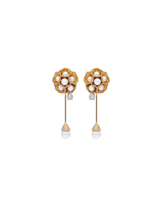 Sterling Silver Gold Plated Long Earrings for Women with Organic Simulated Pearls, 6,7,10mm Round White Pearl and White Zirconias, 45 cm Length, Clavelina Collection