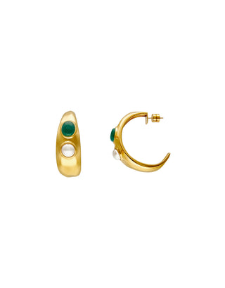 Gold Plated Sterling Silver Hoop Earrings for Women with Organic Simulated Pearl, 8mm Half Ball White Pearl and Green Agate, Feme Collection