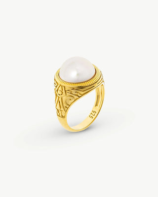 Gold Plated Silver Signet Ring, White Half Ball Pearl of 12mm, Size 13, Zale Collection