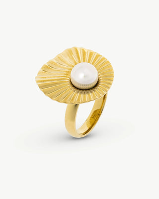 Big Gold Plated Steel Ring, with Organic Simulated Round White Pearl, 8mm, Size 19, Le palm Collection