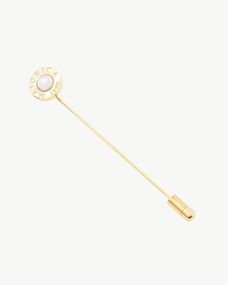 Gold Plated Steel Long Pin with Logo Embossed, with Organic Simulated Half Ball White Pearl, 6mm, Le club Collection