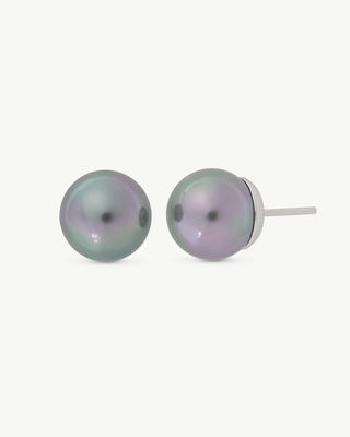 Sterling Silver Rhodium Plated Stud Earrings, 10mm Round Grey Pearls, Lyra Collection