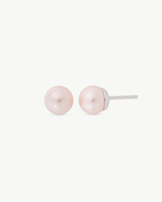 Sterling Silver Rhodium Plated Stud Earrings, 6mm Round Rose Pearls, Lyra Collection