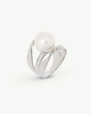 Closed Ring in Silver Rhodium-Plated, 12mm Round White Pearl, Planet Collection