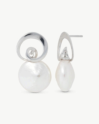 Sterling Silver Rhodium Plated Short Post Earrings, 18mm Coin White Pearls, Espiral Collection