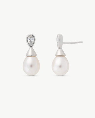 Short Post Earrings in Silver Rhodium-Plated, 8x10mm Pear White Pearls and Zircons, Selene Collection