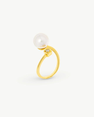 Open Ring in Silver Gold-Plated, 10mm Round White Pearl and Zirconia, Selene Collection