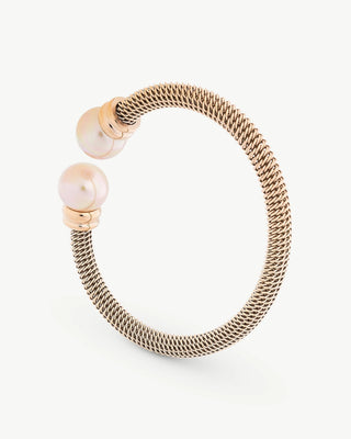 Bangle Bracelet in Stainless Steel Pink-Plated, 12mm Round Salmon Pearls, Tender Collection