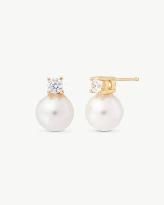 Sterling Silver Gold-Plated, Post Earrings with 10mm Round White Pearls and Zircons, Selene Collection