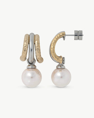 Stainless Steel Short Earrings with Post, 12mm Round White Pearls, Formentera Collection