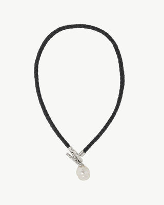 Black Leather Choker Necklace, 40cm Length, with Stainless Steel, 16mm Baroque White Pearl, Menorca Collection