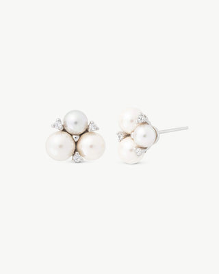 Short Earrings with Post Clasp in Silver Rhodium-Plated, 5/6mm Round White Pearls and White Zircons, Starlight Collection