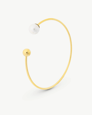 Stainless Steel Gold Plated Rigid Bracelet, 52x52mm, with Organic Simulated Pearl, 8mm Round White Pearl, and Stainless Steel Ball, Aura Collection