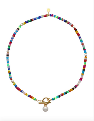 Gold Plated Silver Necklace with Multicolor Quartz with a 10mm Pendant Round White Pearl, 17.7" Length, Tutti Frutti Collection