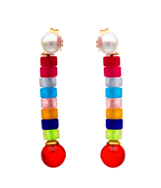 Gold Plated Silver Earrings with Multicolor Quartz, 5mm Round White Pearl and a Round Red Agate Stone, Tutti Frutti Collection
