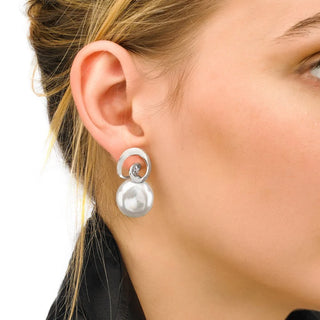 Sterling Silver Rhodium Plated Short Post Earrings, 18mm Coin White Pearls, Espiral Collection