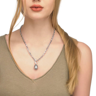 Short Necklace 48cm Ling in Metal Rhodium-Plated, 14mm Baroque Grey Pearls, Tender Collection