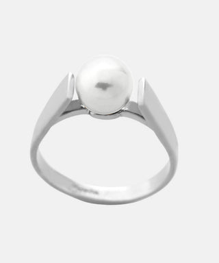 Sterling Silver Rhodium Plated Ring for Women with Organic Pearl, 7mm Round White Pearl, Nuada Collection