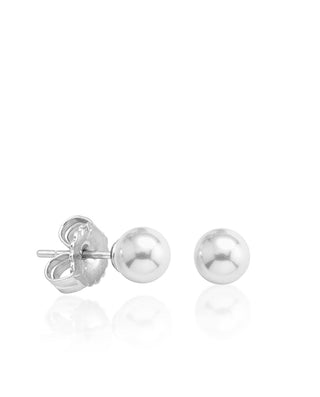 Sterling Silver Rhodium Plated Stud Earrings for Women with Organic Pearl, 8mm Round White Pearl, Lyra Collection