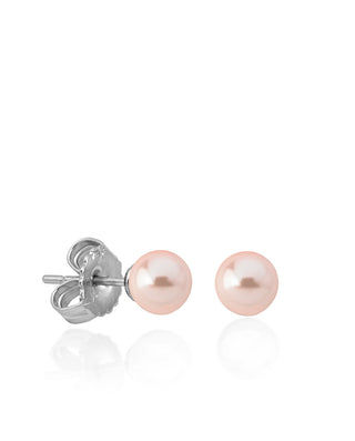 Sterling Silver Rhodium Plated Stud Earrings for Women with Organic Pearl, 8mm Round Pink Pearl, Lyra Collection