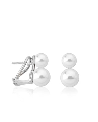 Sterling Silver Rhodium Plated Earrings Omega with Posts for Women with Organic Pearl, 7/9mm Round White Pearl, Jour Collection
