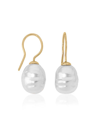 Sterling Silver Gold Plated Fish Wire Earrings for Women with Organic Pearl, 12mm Baroque White Pearl, Agora Collection