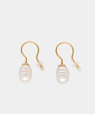 Sterling Silver Gold Plated Fish Wire Earrings for Women with Organic Pearl, 8mm Baroque White Pearl, Agora Collection