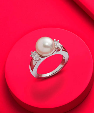 Sterling Silver Rhodium Plated Ring for Women with Organic Pearl, 10mm Round White Pearl and Cubic Zirconia, Lilit Collection
