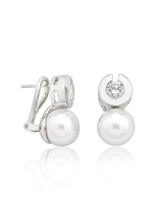 Sterling Silver Rhodium Plated Earrings Omega with Post for Women with Organic Pearl, 10mm Round White Pearl and Cubic Zirconia, Exquisite Collection