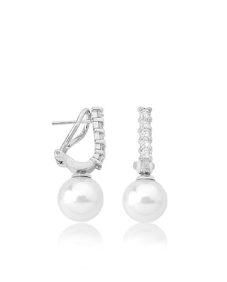Sterling Silver Rhodium Plated Ling Omega Earrings for Women with Post and Organic Pearl, 12mm Round White Pearl and Zircon, Lilit Collection