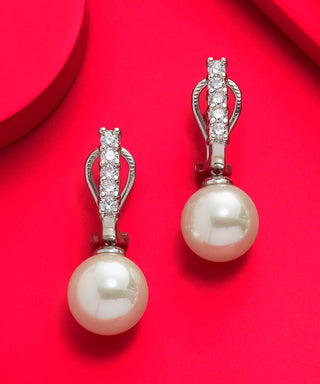 Sterling Silver Rhodium Plated Ling Omega Earrings for Women with Post and Organic Pearl, 12mm Round White Pearl and Zircon, Lilit Collection