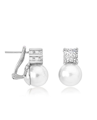 Sterling Silver Rhodium Plated Short Omega Earrings for Women with Post and Organic Pearl, 10mm Round White Pearl and Zircon, Selene Collection