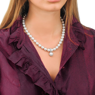 Sterling Silver Rhodium Plated Necklace for Women with Organic Pearl, 10mm Round White Pearls and Cubic Zirconias, 17.7" Necklace Length, Lilit Collection