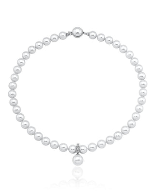 Sterling Silver Rhodium Plated Necklace for Women with Organic Pearl, 10mm Round White Pearls and Cubic Zirconias, 17.7" Necklace Length, Lilit Collection
