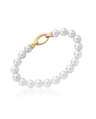 Sterling Silver Gold Plated Bracelet for Women with Organic Pearl, 8mm Round White Pearl, 7.4" Length, Lyra Collection