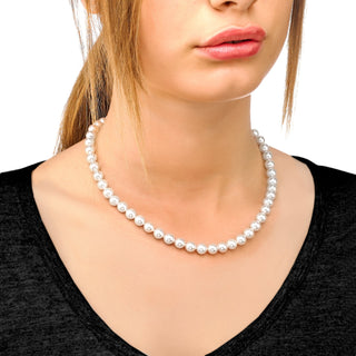 Sterling Silver Rhodium Plated Necklace for Women with Organic Pearl, 8mm Round White Pearls, 17.7" Necklace Length, Lyra Collection