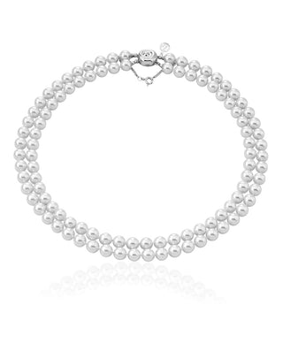 Sterling Silver Rhodium Plated Two Rows Necklace for Women with Organic Pearl, 8mm Round White Pearl, 17.7" Length, Luna Collection