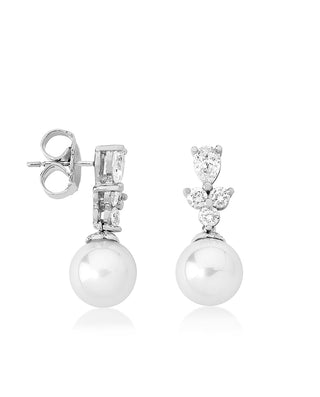 Sterling Silver Rhodium Plated Earrings for Women with Short Post and Organic Pearl, 10mm Round White Pearl and Zircon, Venus Collection