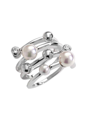 Sterling Silver Rhodium Plated Ring for Women with Organic Pearl, 4/6mm Round White Pearl and Cubic Zirconia, Planet Collection