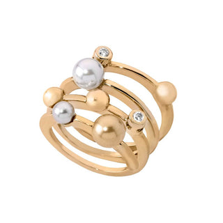 Sterling Silver Gold Plated Ring for Women with Organic Pearl, 4/6mm Round White Pearl and Cubic Zirconia, Planet Collection