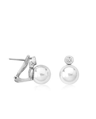 Sterling Silver Rhodium Plated Omega Earrings for Women with Organic Pearl, 10mm Round White Pearl and Cubic Zirconia, Selene   Collection