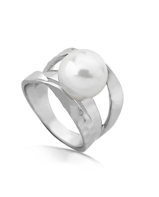 Sterling Silver Rhodium Plated Ring for Women with Organic Pearl, 12mm Round White Pearl, Planet Collection